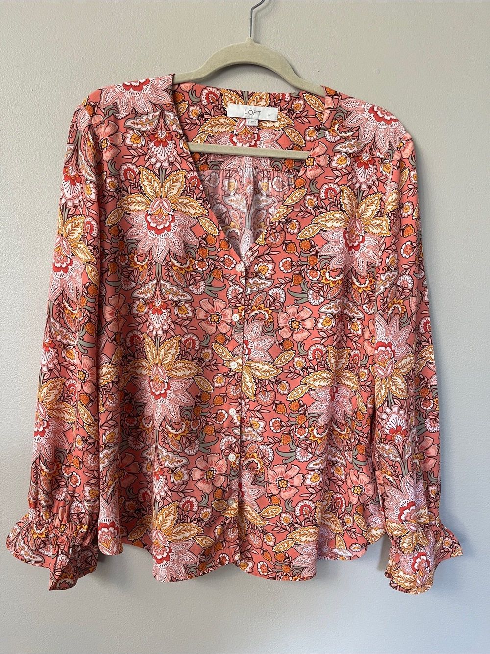 LOFT Paisley Bell Cuff Button Front button down blouse peach size large